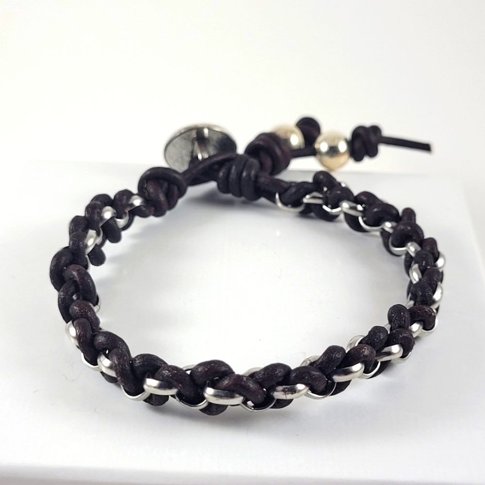 Handmade Silver Curb Chain Leather Bracelet Rocker Edgy Casual Boho